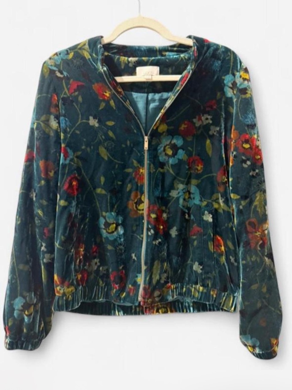 LOFT Teal Floral Velvet Bomber Jacket